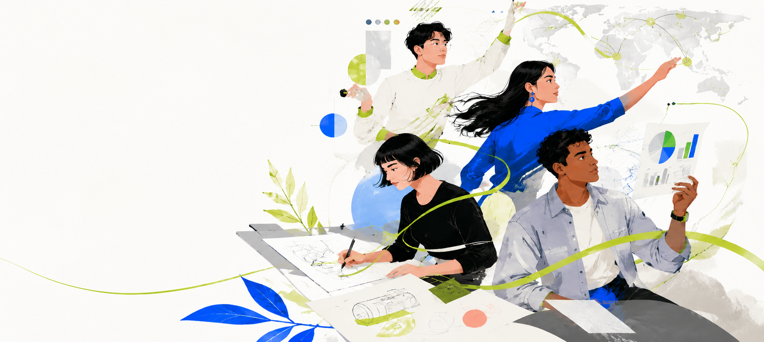 年轻团队共同创造并连接全球市场的现代扁平插画